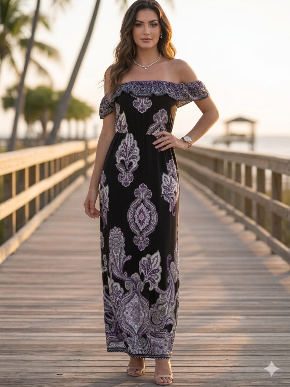 White House Black Market Black Maxi Dress with Purple Paisley Print. Size:S